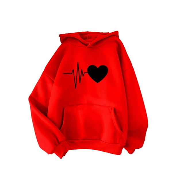 Fashnice Women Hooded With Pocket Sweatshirt Long Sleeve Hoodies Drawstring Holiday Tops Red S