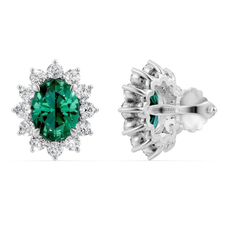 Created Emerald Stud Earrings with Moissanite for Women in 925 Sterling Silver 18K White Gold Plated