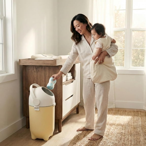 Diaper Pail with Ag Silver Ion Odor Locking Bin - Fits Any Bag, No Refills Needed, Award-Winning Nursery Gift - Sand Almond