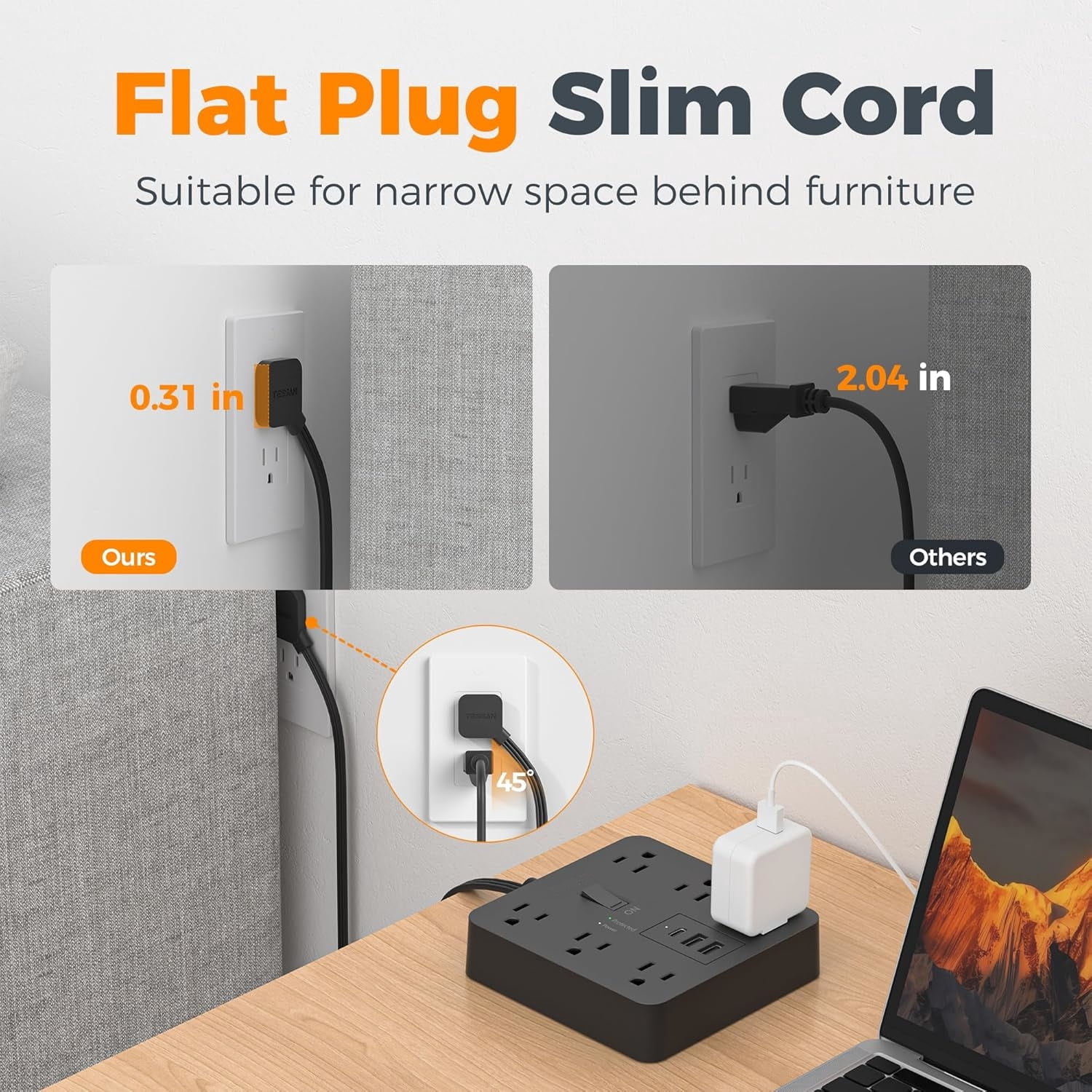 5FT Flat Plug Extension Cord, Surge Protector Power Strip with 6 Outlets and 3 USB(1 USB C), 1700J Protection Multiple Outlets Charging Station