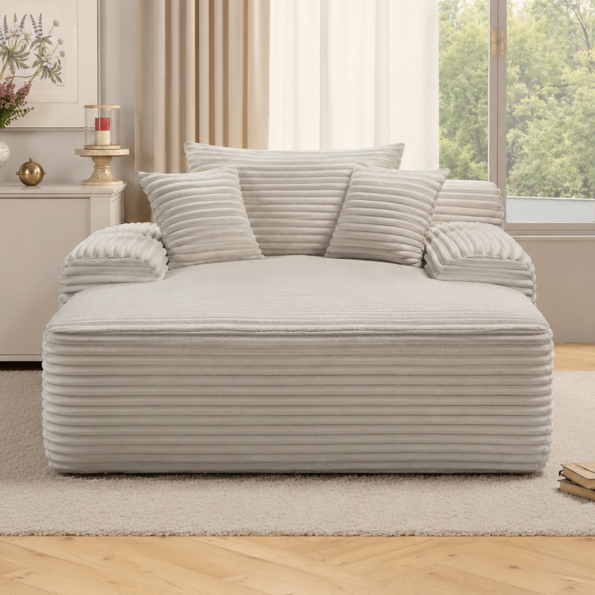 Leumius Oversized Chaise Lounge Chair Indoor, Cozy Boneless Sleeper Sofa Bed with Wide Armrest & Throw Pillows for Living Room,Bedroom,No Assembly Required,White(Plush)