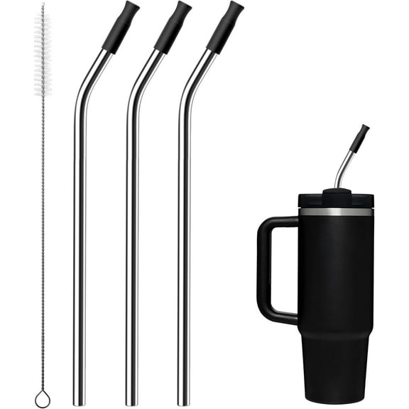 Reusable Stainless Steel Straws with Silicone Tip for Stanley 30oz, Metal Drinking Straws for 30oz Tumbler,3 Bent Tubes & 6 Tips& 1 Cleanr Brush (Black)