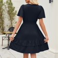 thumbnail image 4 of Admvng Dresses for Women Deep V-Neck Short Sleeve Sundresses Pleated Elastic Waist Knee Length Flowy A-line Dresses S-2XL, 4 of 5
