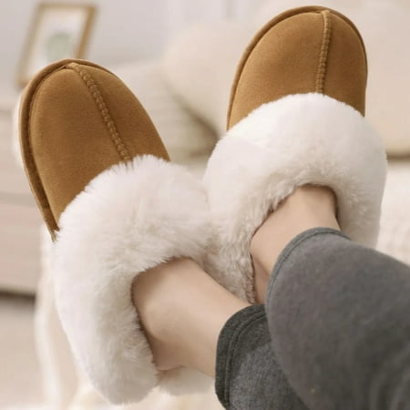 

HYwys New Plush Fur Slippers Home Women Winter Fluffy Faux Fur Collar House Slippers Furry Memory Foam Slides Indoor Outdoor