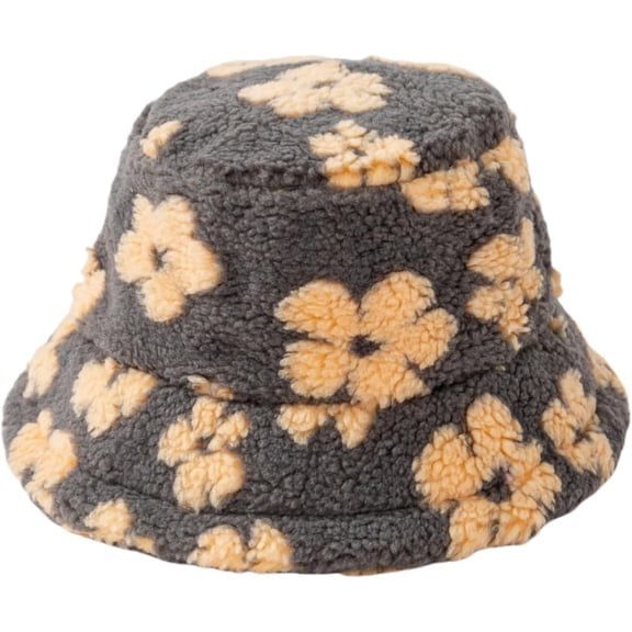 Winter Warm Plush Bucket Hat Daisy Flowers Furry Faux Fur Fuzzy Shearling Fisherman Hats for Women