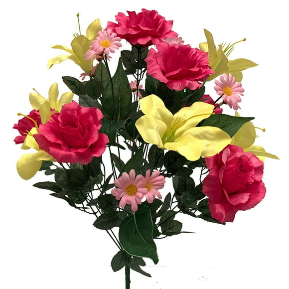 Pinks And Yellows Rose, Lily And Daisy Bouquet Artificial Flowers