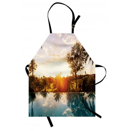 Hawaiian Apron Home with Swimming Pool at Sunset Tropics Palms Private Villa Resort Scenic View, Unisex Kitchen Bib Apron with Adjustable Neck for Cooking Baking Gardening, Orange Teal, by (Best Private Island Resorts)