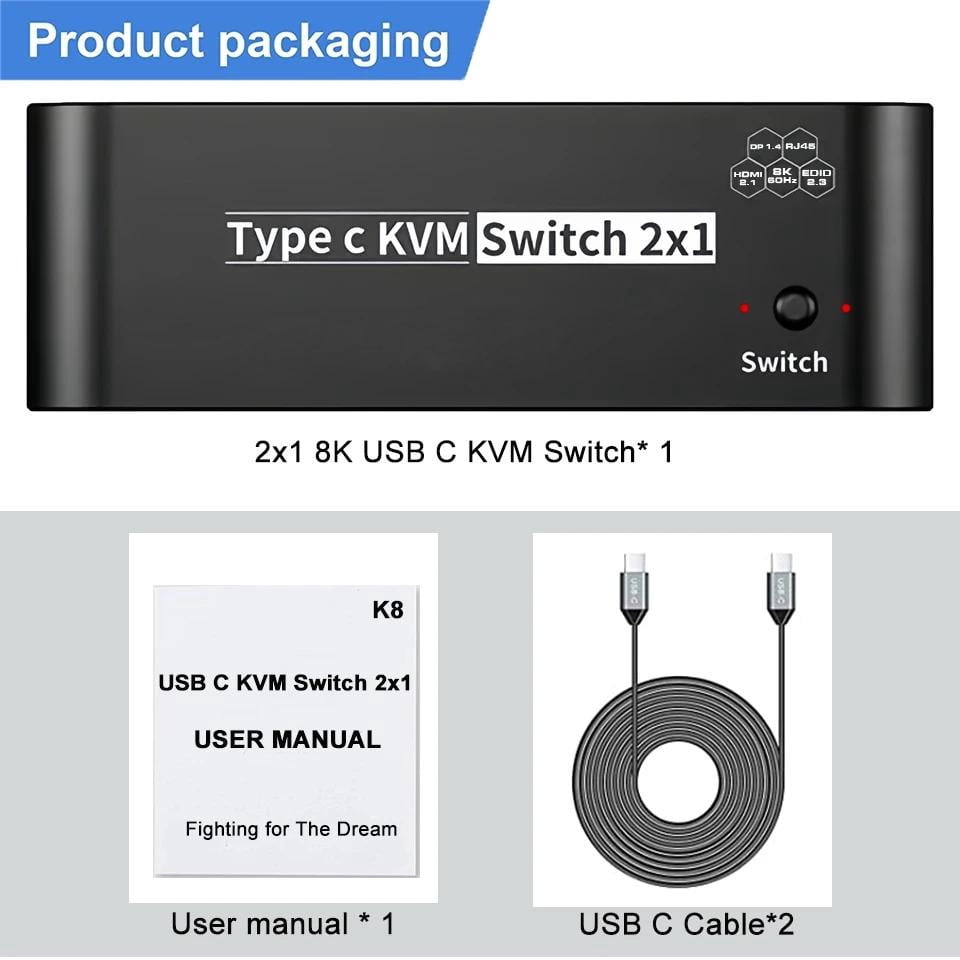 AUBEAMTO 2x1 8K Thunderbolt 4 USB C KVM Switch RJ45 100W PD Charge 4K 144Hz Type C KVM Switch Switcher for 2 Computer 1 Monitor
