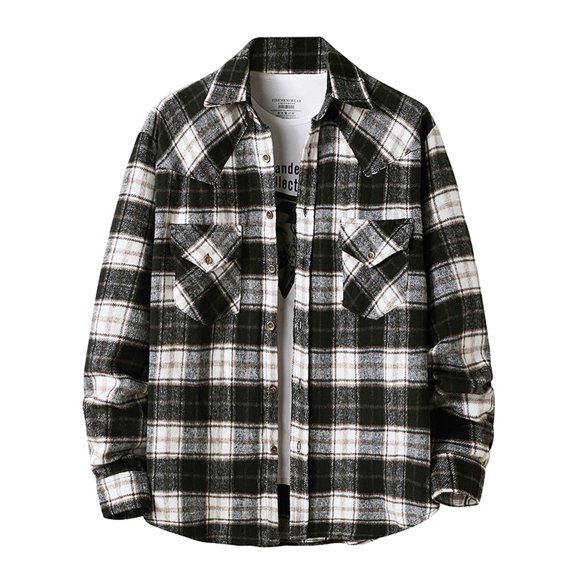 IROINNID Men's Long Sleeve Shacket Turndown Lapel Mid-Length Jacket Plaid Comfy Flannel Turndown Collar Buttons Coat Shirt