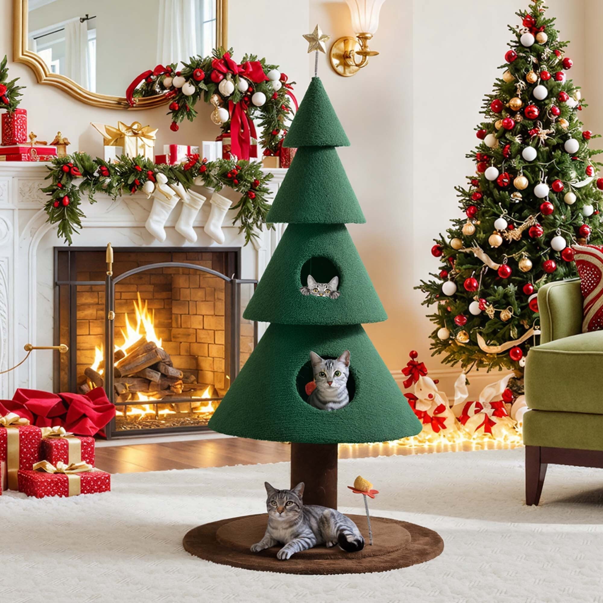Uforic 60 Inch Christmas Themed Cat Tree, Multi-Level Festive Cat Tower with 2 Semi-Enclosed Cat Houses for Holiday Home Decor