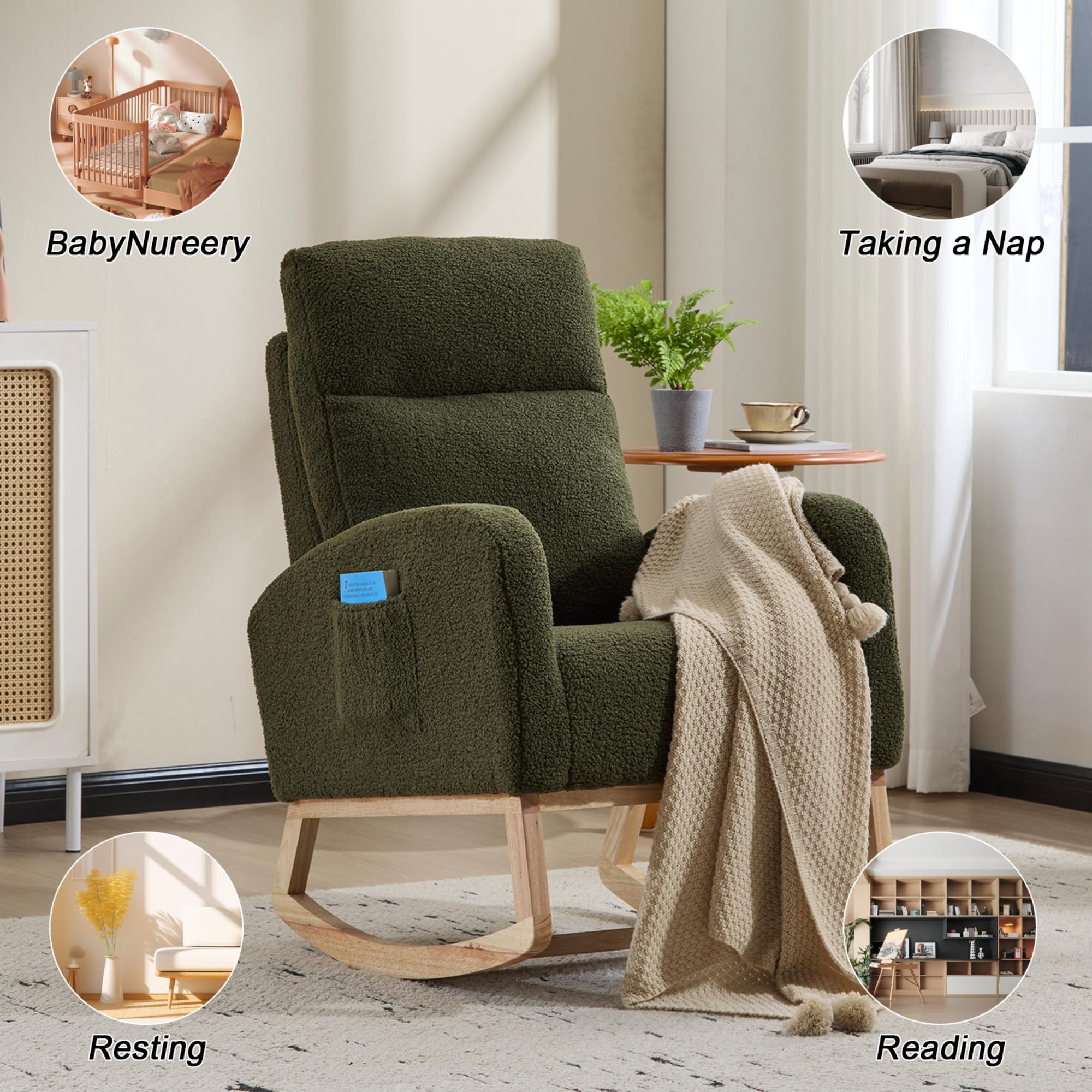 CARZZI LIFE Modern Nursery Rocking Chair, Teddy Upholstered Rocking Chair with Footrest, Comfortable Rocker Recliner with Side Pocket, Rocker Glider for Living Room, Bedroom, Nursing Room (Green)