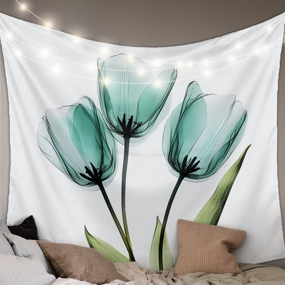Turquoise Aqua Tulips Tapestry for Bedroom Wall Hanging Tapestry, Pastoral Flower Floral Spring Ceiling Backdrop Tapestries Poster Blanket Wall Decor for Teens Room Living Room Dorm 59" x 90"
