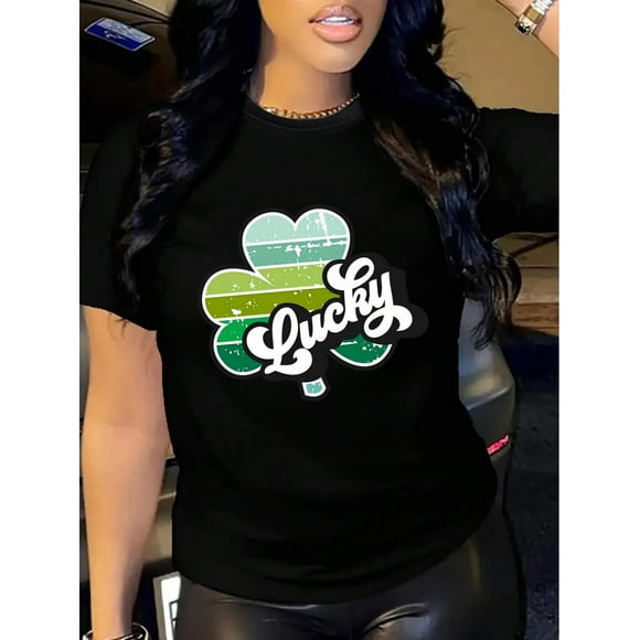 Women's St. Patrick's Day Lucky Clover Graphic Tee - Breathable & Sweat Absorbent, Soft Polyester Blend, Lightweight Casual Sporty T-Shirt with Vibrant Gradient Four-Leaf Clover Design, Machine Wash