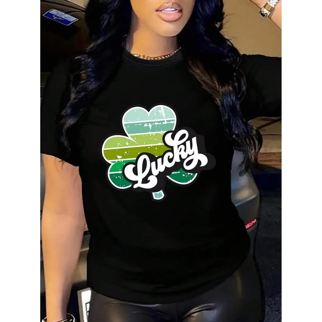 Women's St. Patrick's Day Lucky Clover Graphic Tee - Breathable & Sweat Absorbent, Soft Polyester Blend, Lightweight Casual Sporty T-Shirt with Vibrant Gradient Four-Leaf Clover Design, Machine Washa