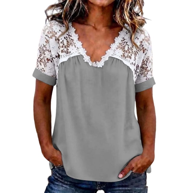 Fewfanhot Womens Tops Trendy Lace Basic V-Neck T-Shirts Short Sleeve Loose Fitting Tunic Tank Tops