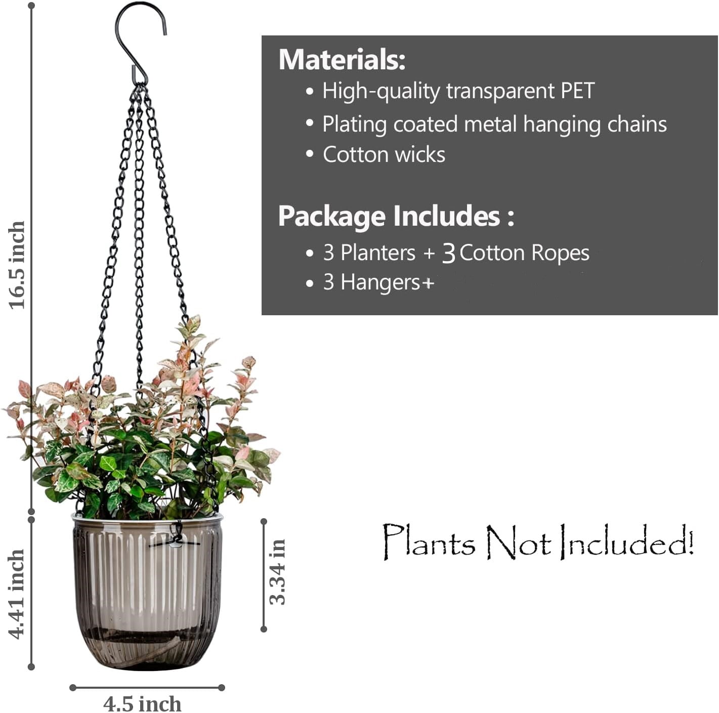 3 Pack Self Watering Hanging Planters for Indoor and Outdoor Plants, Gray Small Hanging Planter,4.5 Inch Hanging Baskets with Chains Drainage Holes, Hanging Flower Pot for Garden Home