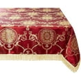 thumbnail image 2 of Violet Linen Prestige Medallion Damask Pattern, Polyester Jacquard, with Fringes, Burgundy, 60 Inch by 140 Inch, Seats 12 to 14 people, Rectangle Tablecloths, 2 of 8