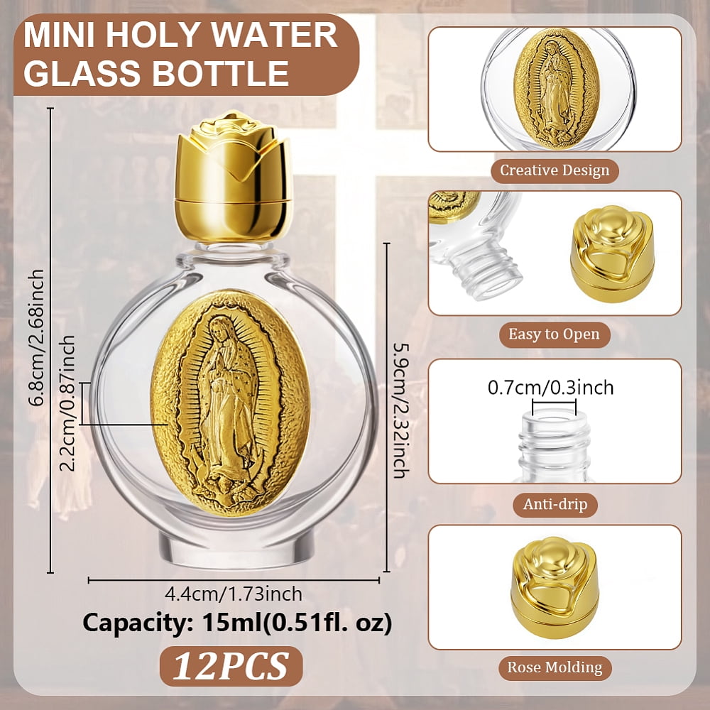 12 Pcs Holy Water Bottles 0.5 Floz Embossed Portable Empty Glass Travel Bottles with Lid Little Bottle Church Decorations