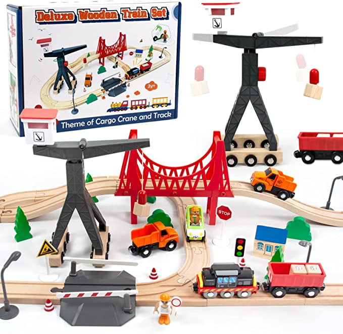Buy WOOD CITY Wooden Train Set, 56Piece Deluxe Kids Toy Train Set for