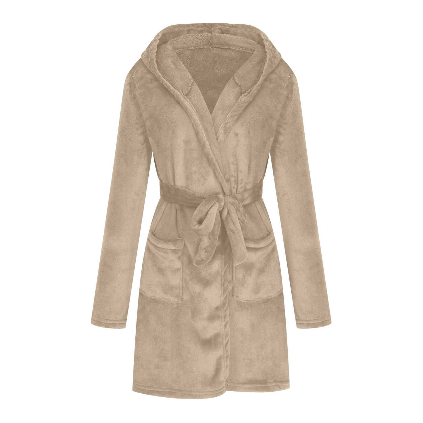 Teissuly Pyjamas Pour Femmes Doux Couleur Unie Manches Longues Col En V Ceintures Poches Polaire Fausse Velours Robe De Nuit