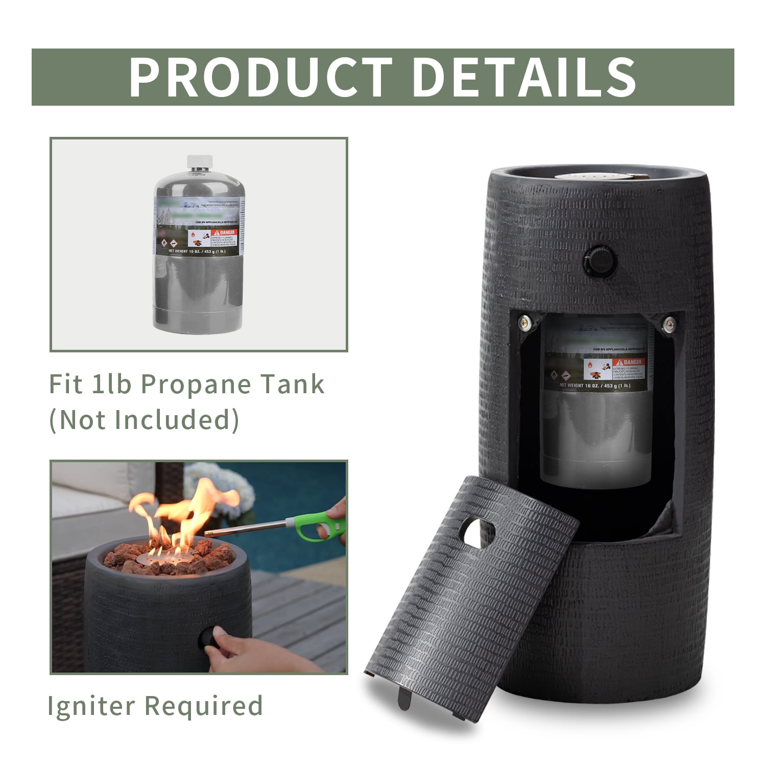 MOALCOFER 15,000 BTU Propane Fire Pit Table,11'' Round Graphite Base, Includes Lava Rocks, Waterproof Cover