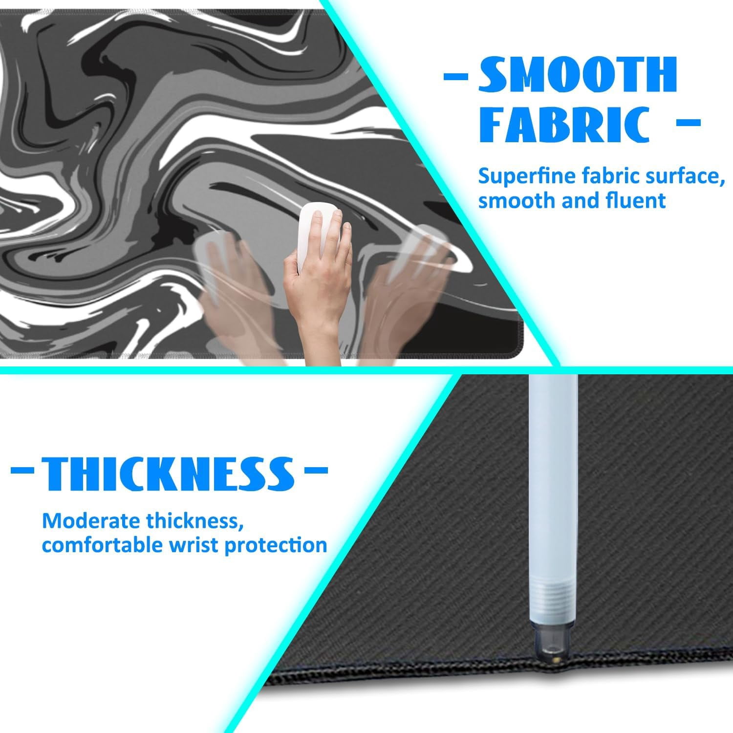 Desk Mat, Abstract Black White Ink Liquid Waves Extended Gaming Mouse Pad Large, 31.5"x11.8" Big Mouse Pad with Non-Slip Base and Stitched Edge, Long Computer Keyboard Mouse Mat for Home Office Work