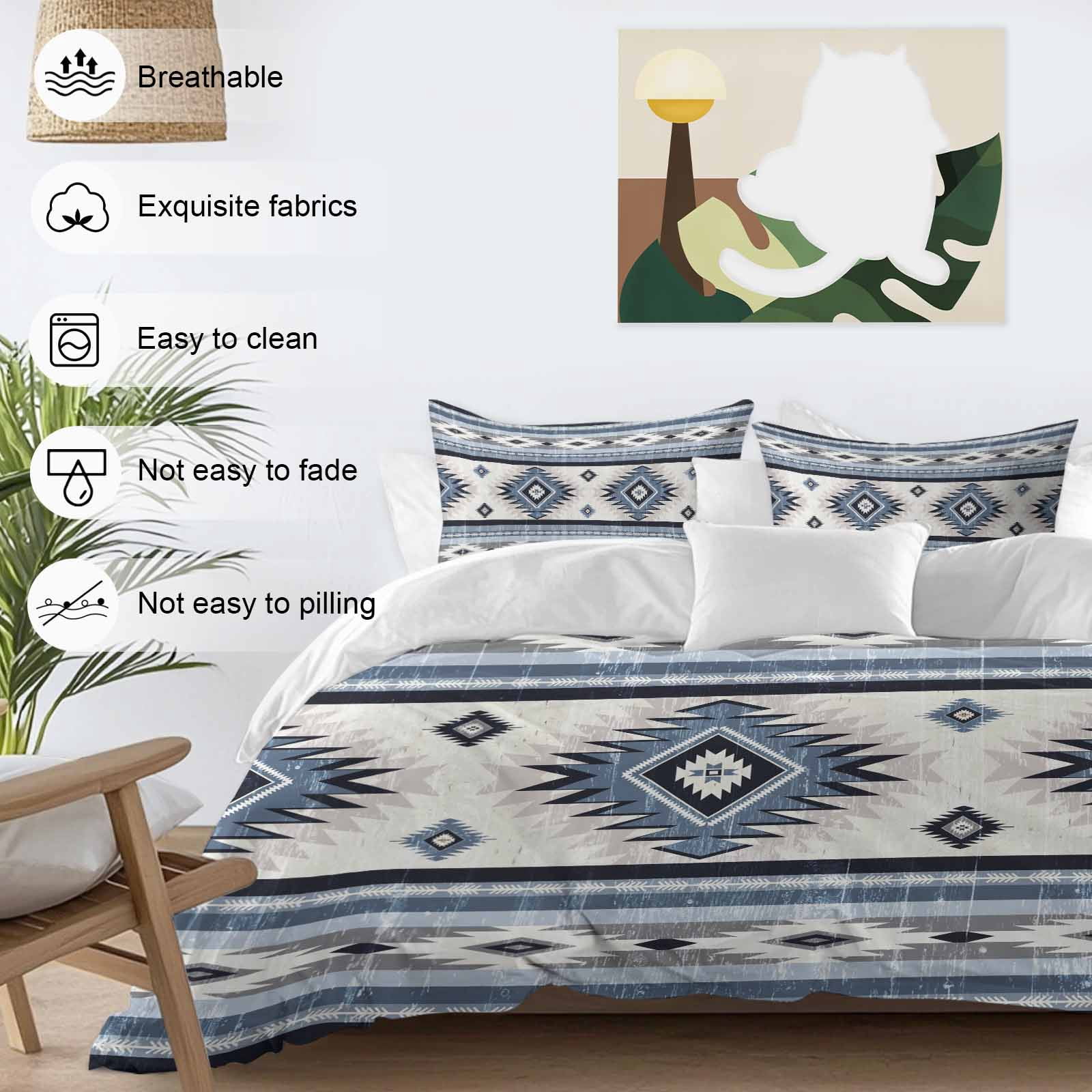 Blue Southwestern Bedding Duvet Cover Set King Size 4 Pieces Native Aztec Ethnic Style Geometric Bedding Set with Zipper Closure, 1 Comforter Cover 92x106 Inches 1 Flat Sheet & 2 Pillow Cases