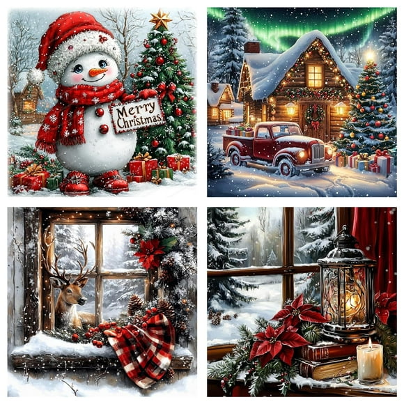 Art Craft Kit Tiwabb, paquete de 4 pinturas navideñas con diamantes, 30 x 30 cm