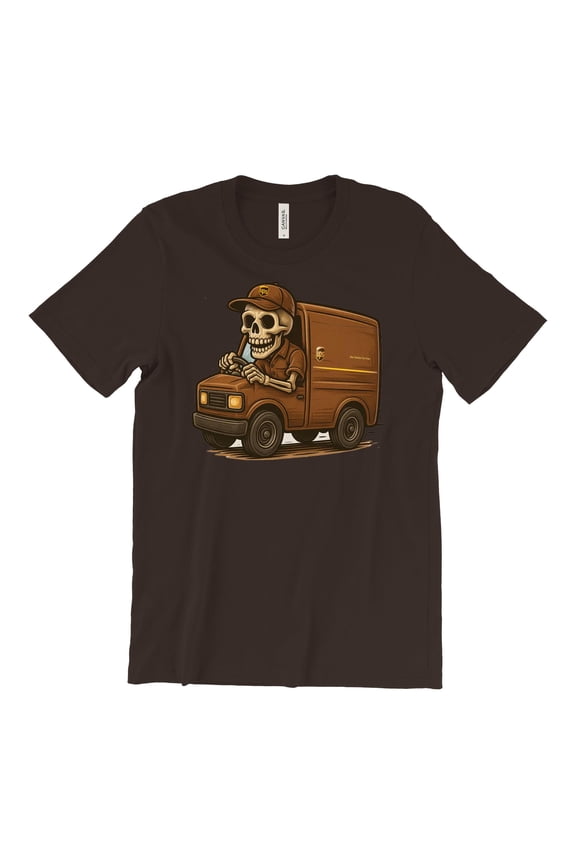 UPS Brown Short Sleeve T-Shirt Skeleton Truck Halloween United Parcel Service Official Colors and Style ( Large, Brown)