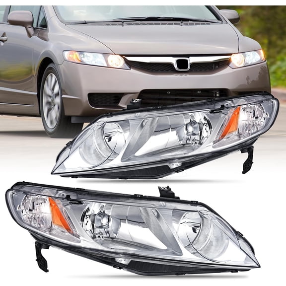 Nilight Headlight Assembly Compatible with 2006 2007 2008 2009 2010 2011 Honda Civic 4 Door Headlamps Replacement Chrome Housing Amber Reflector Clear Lens Driver and Passenger Side