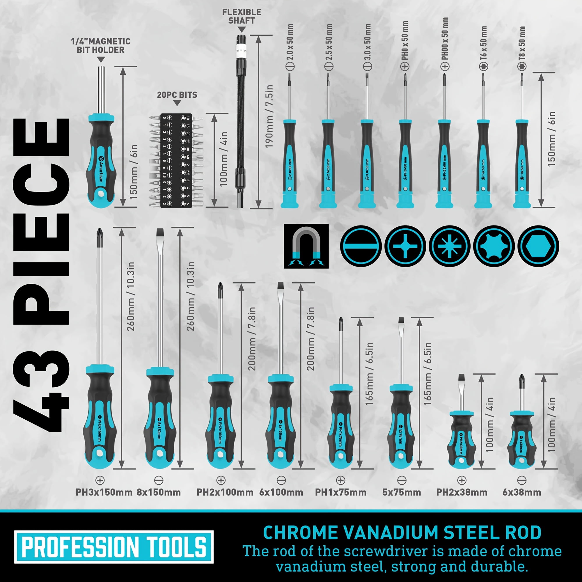 46 Piece Magnetic Screwdriver Set with Case, Slotted, Phillips, Hex and Precision Drivers with Demagnetizer Tool