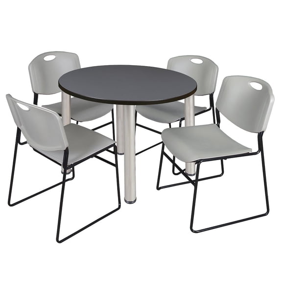 Regency 42 in Round Breakroom Table- Grey Top, Chrome Legs, 4 Zeng Stack Chairs- Grey
