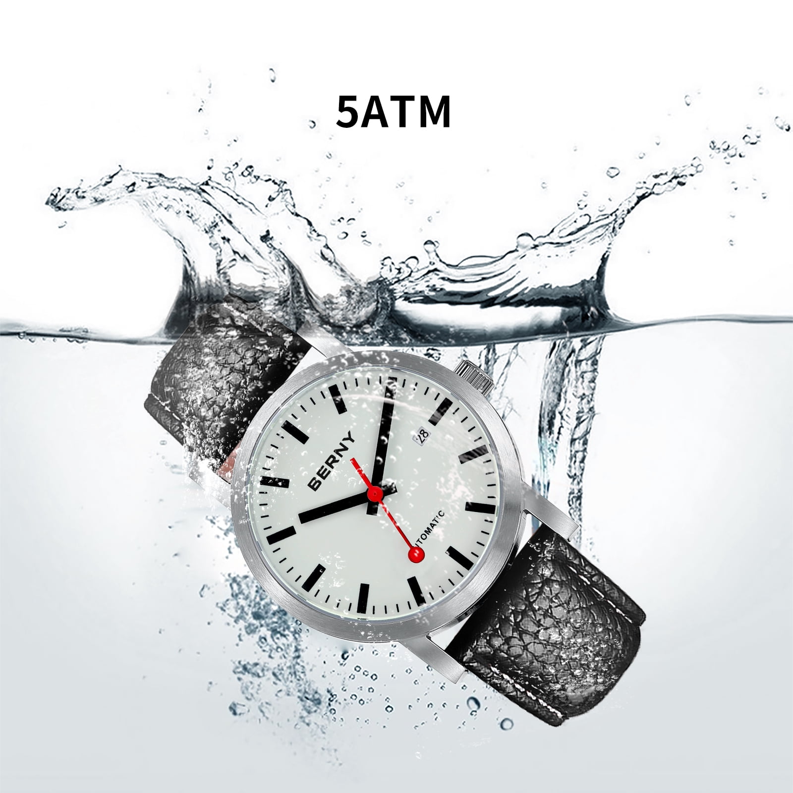 BERNY Automatic Watches for Men, Luxury Self Winding Mechanical Dress Leather Watch with Date, Sapphire Crystal, Luminous, Stainless Steel, 50M Waterproof, Minimalist Mens Watches (White)