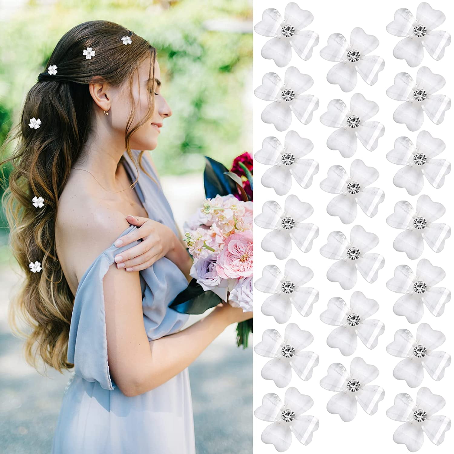 20Pcs Mini White Flower Hair Clips with Rhinestone Cute Hair Pins