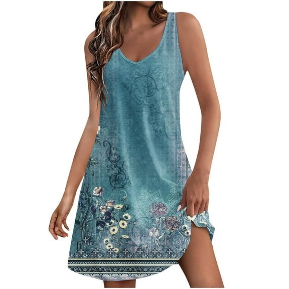 LYXSSBYX Boho Dresses for Women 2024 Women's Casual Sundress With Pockets Summer Boho Beach Dress Floral T-Shirts Dress V Neck Loose Tank Dresses