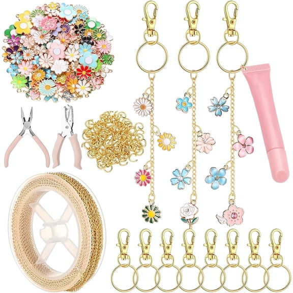 Januofit 213 Pcs Lip Gloss Keychain Making Kit 100 Pink Enamel Charms 32.81 ft Gold Chains for DIY Crafts Women(Floral)
