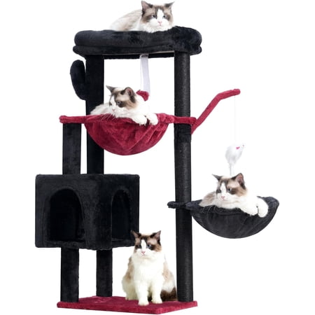 39.4 Inches Cat Tree, Gothic Tower Condo with Scratching Post, Halloween Cat Tower for Indoor Cats, Fully Wrapped Sisal Pole, Soft Platform, 2 Baskets and Dangling Toy, Black and Red
