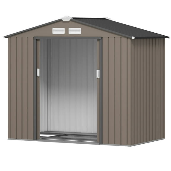 Brown 7x4.3 FT Outdoor Storage Shed, Compact Garden Tool House for Patio and Backyard Organization