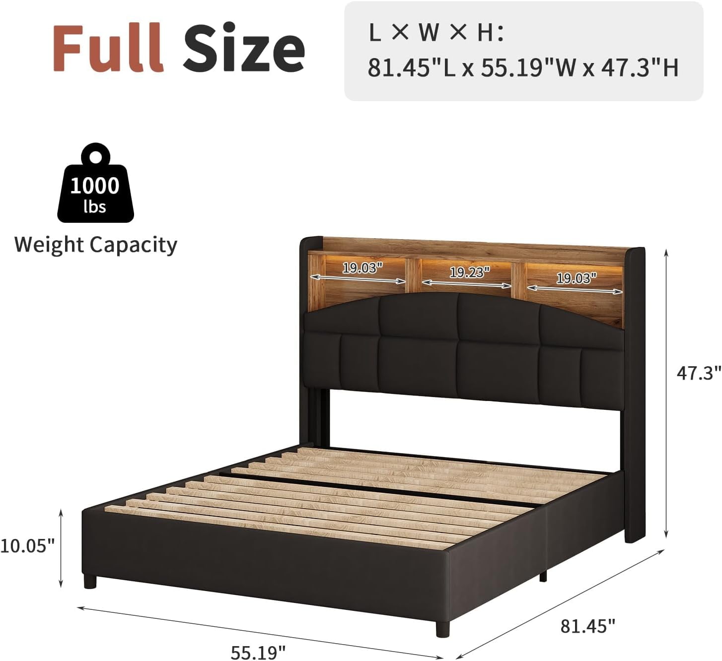 4 EVER WINNER Full Bed Frame with Storage Headboard, Velvet Upholstered Platform Bed Frame with LED Light, Black