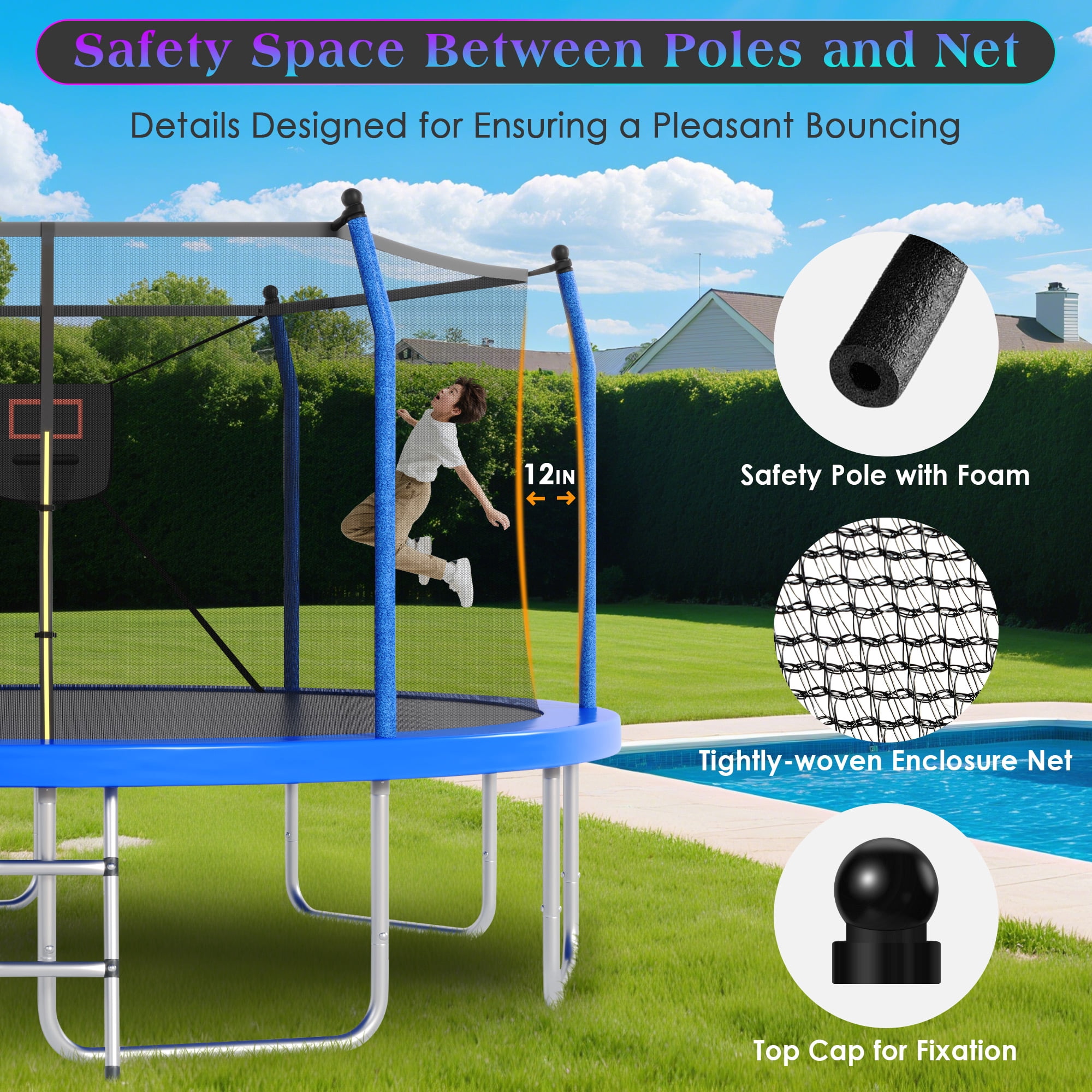 EUROCO 14FT Trampoline for Kids and Adults with Lights, Basketball Hoop, Enclosure Net & Ladder, Outdoor Round Trampoline, Easy to Assemble