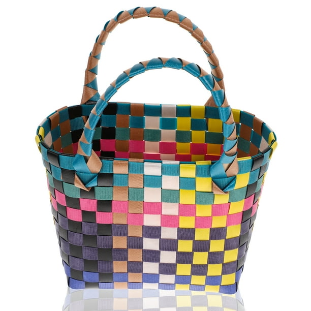 GOOHOCHY Cesta de compras tejida, cesta de frutas para picnic, bolsa de mano tejida colorida, cesta de ducha