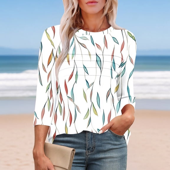 Viluyesy 3/4 Sleeves T-Shirt Women Round Neck Shirt Tops Relaxed Loose Blouse White Size 2XL