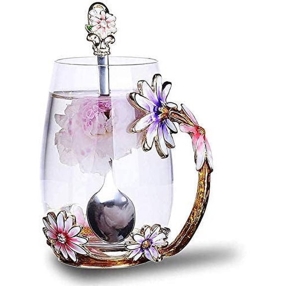 Enamel flower Lead-free Glass Coffee Mugs Tea Cup with Steel Spoon, Best Birthday Gifts For Women Wife Mom Friends Mothers Valentines Day Christmas