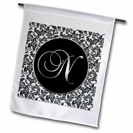 3dRose Letter N - Black and White Damask - Garden Flag  12 by 18-inch