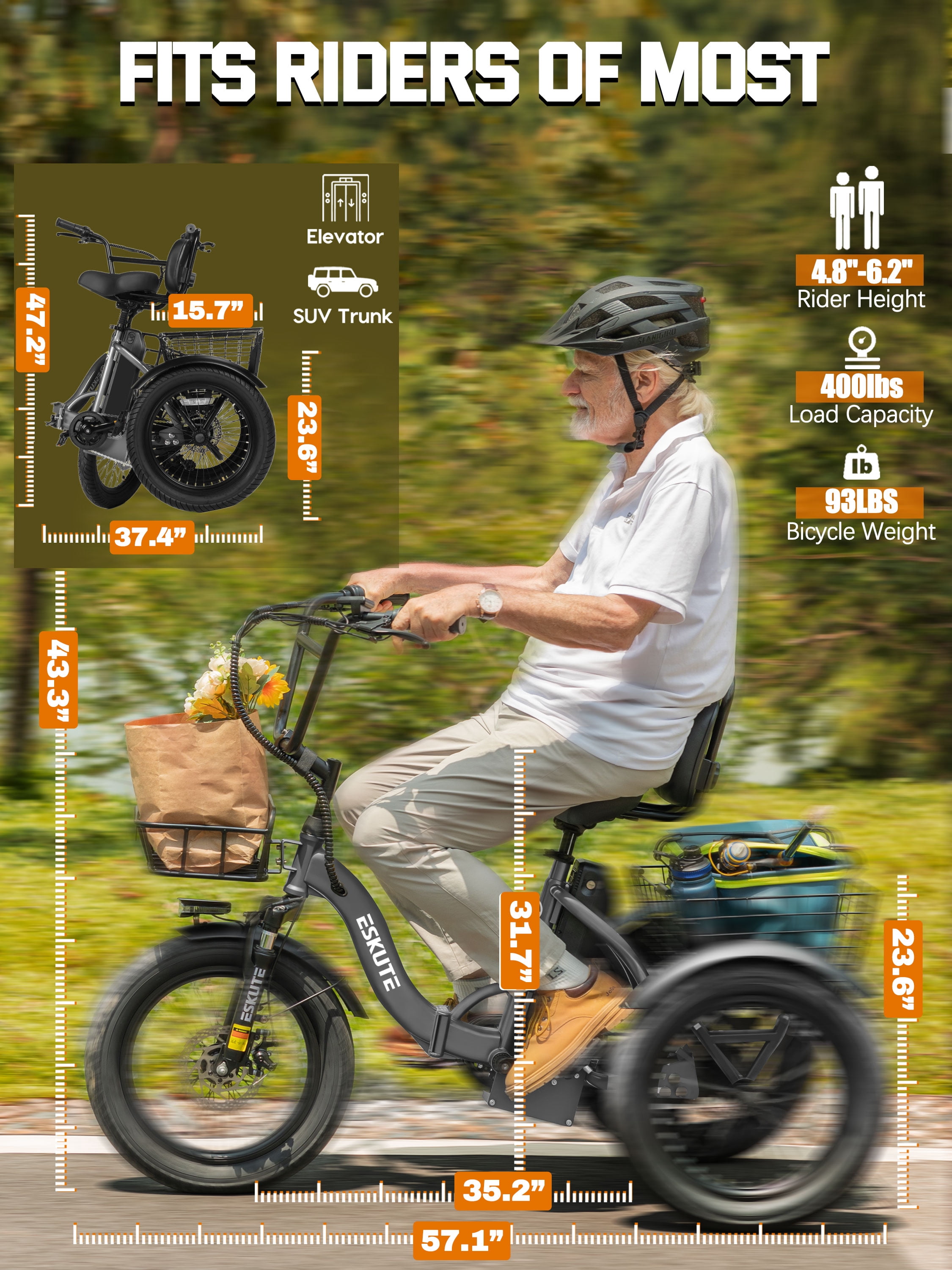 ESKUTE Adult E Trike Electric Tricycle – 750W Brushless Motor, 18+ MPH, Fat Tires, Foldable Step-Thru 3-Wheel E-Bike, Up to 55 Miles, Gray with Phone Holder Bag, Mirrors & Lock