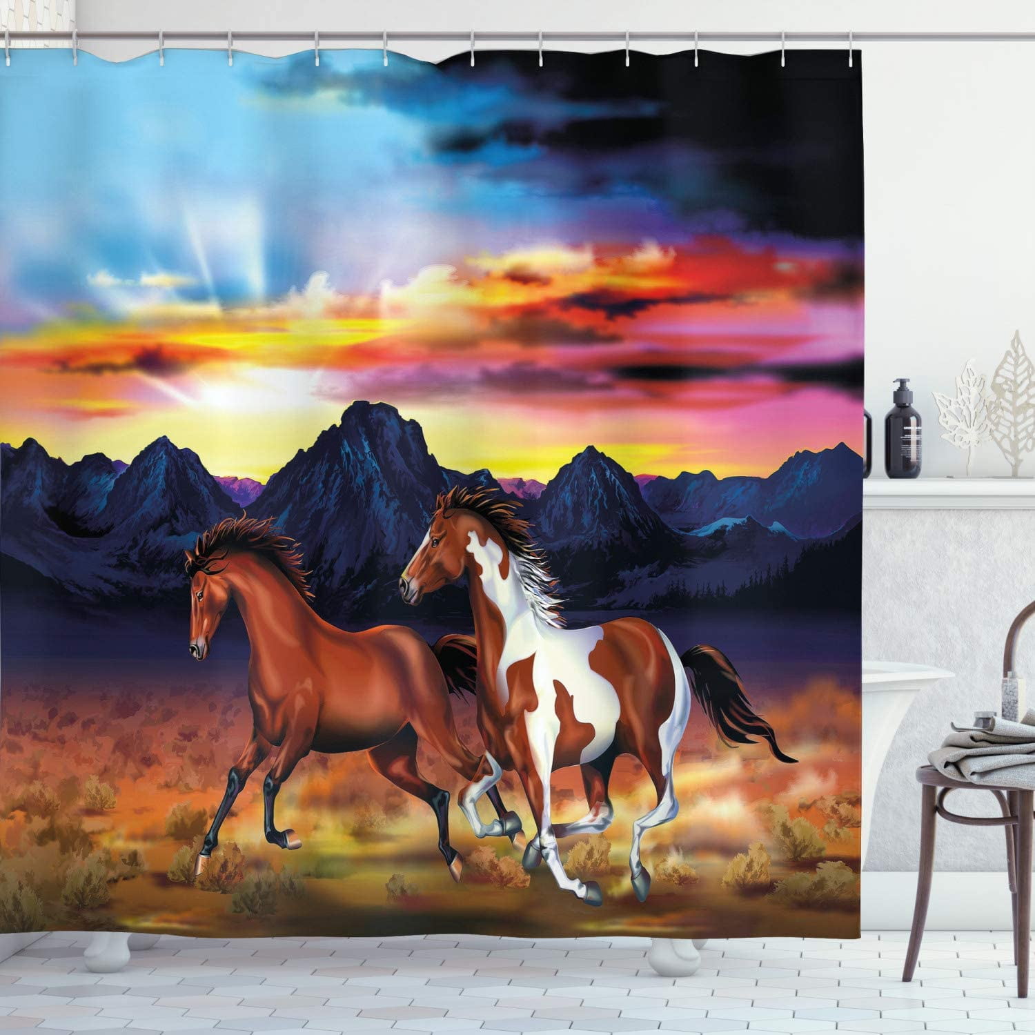 Running Wild Horses Shower Curtain Western Watercolor Animal Colorful