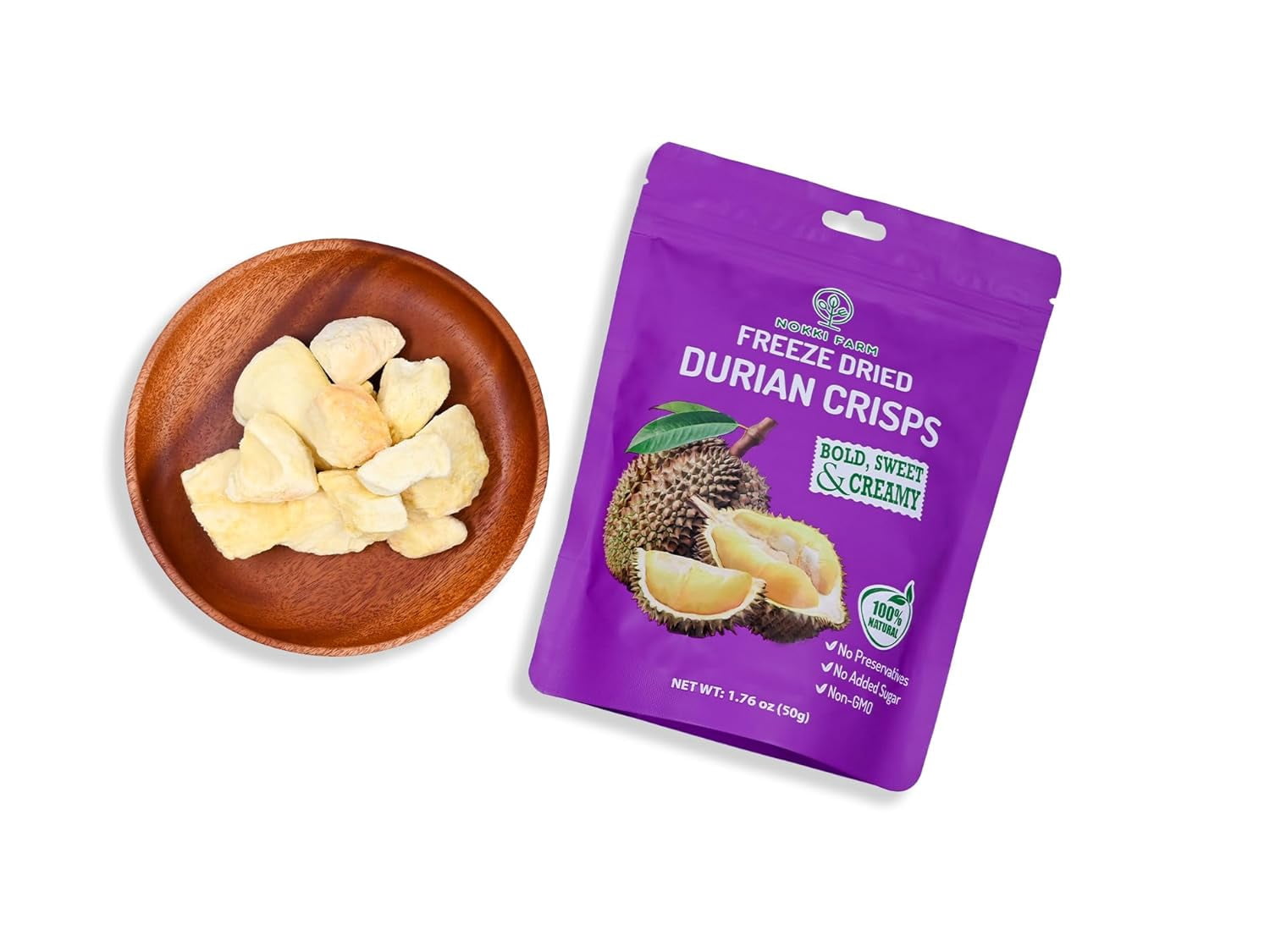 NOKKI FARM Freeze Durian Fruit, Healthy & Exotic Tropical Superfood Snacks, Kid-Approved, No Added Sugar or Preservatives, Shelf-Stable, 0.53 Oz, 6 Pack