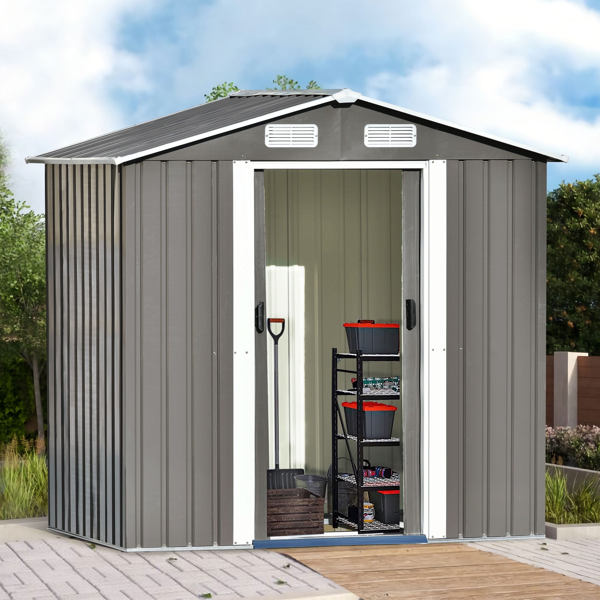 8ft x 4ft METAL GARDEN STORAGE PENT ROOF SHED DOUBLE DOORS PRE PAINTED STORE NEW 