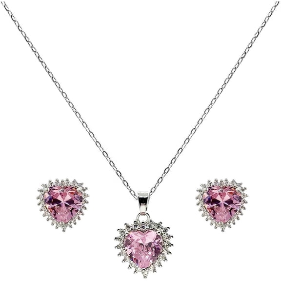 Pink Heart Necklace Earrings Set Cubic Zirconia Bridesmaid (Silver, Pink)