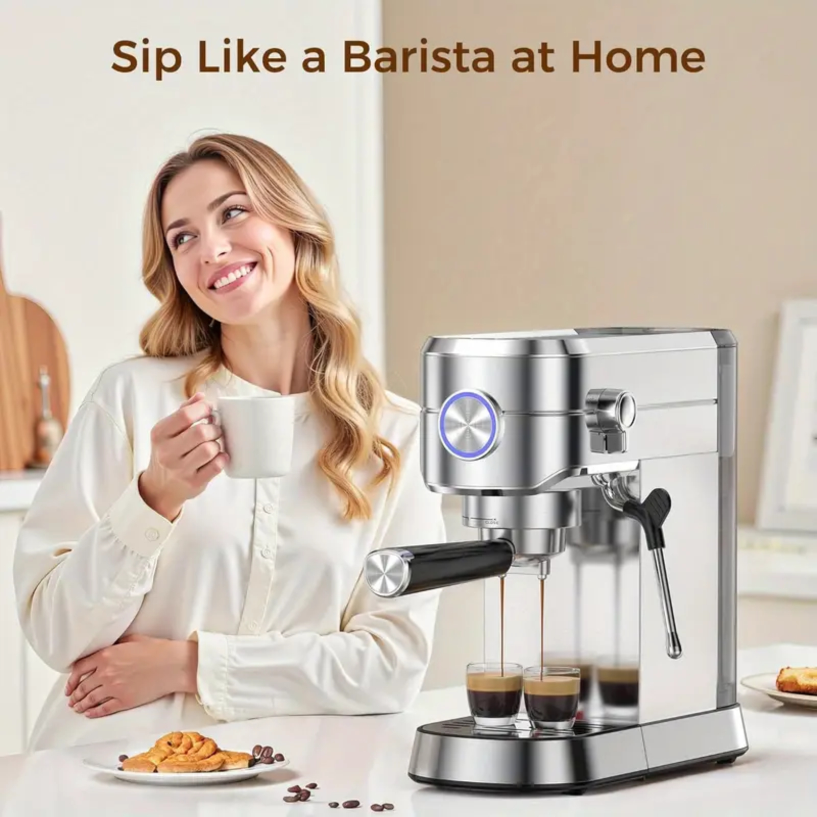 Auseo 20 Bar Espresso Coffee Maker with Milk Frother Steam Wand, 40oz Removable Water Tank, Espresso/Cappuccino/Latte/Mocha for Home, Stainless Steel